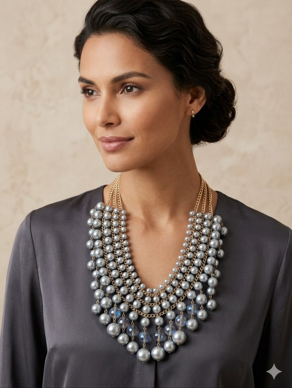 Gold Chain Multi-Strand Blue Pearl Statement Necklace
